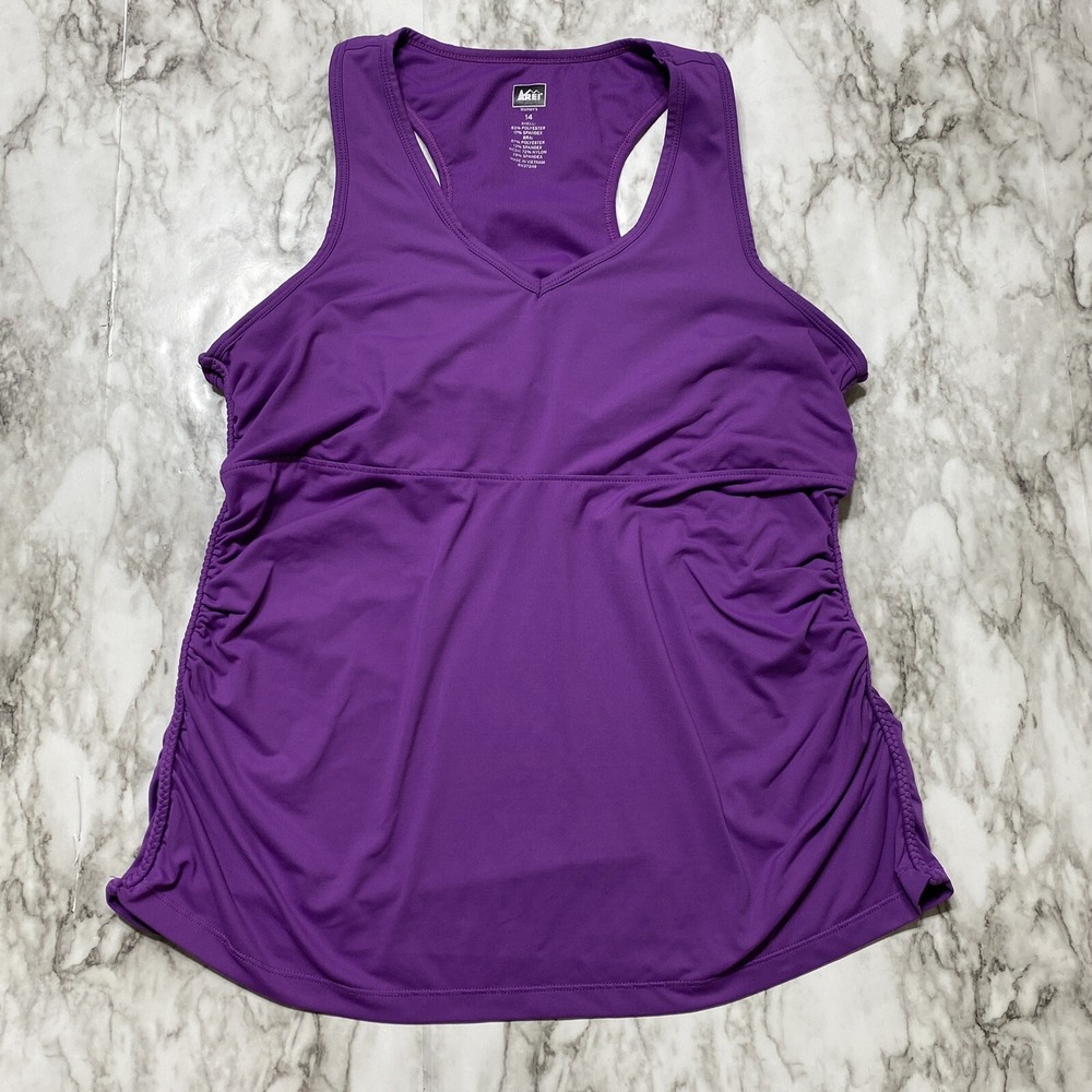 REI Womens Activewear Tank Top Size 14 Purple V Neck Racerback Pleated‎ Side